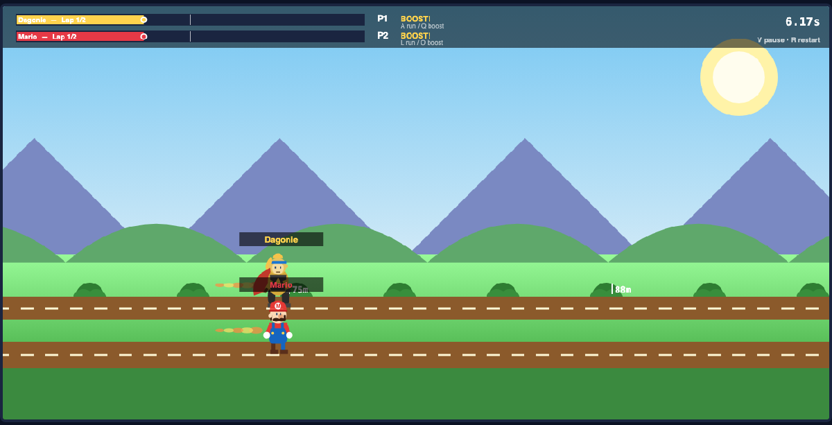 Rumbling Racers in action: Dagonie and Mario both boosting neck and neck